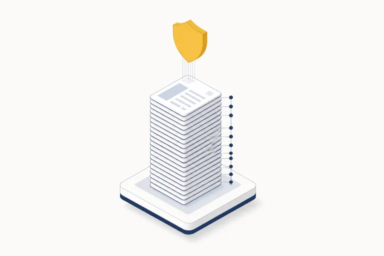 Illustration of a stack of compliance records under a shield.
